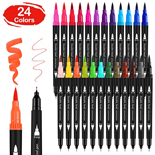 24 Colores con Rotuladores Doble Punta Pincel, Rotuladores Acuarelables Marcadores para Adultos Lettering, Bullet Journal, Caligrafía, Libros para Colorear, Punta Pincel [1-2 mm] y Punta Fina[0.4 mm]