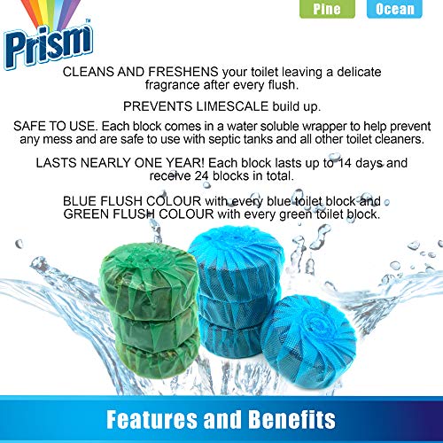 24 x Ambientador de inodoro Prism | Pastillas de 50g para el inodoro con duración de 14 días | Bloques para la cisterna con fragancia a océano y pino de