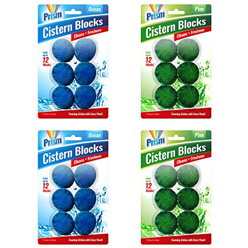 24 x Ambientador de inodoro Prism | Pastillas de 50g para el inodoro con duración de 14 días | Bloques para la cisterna con fragancia a océano y pino de