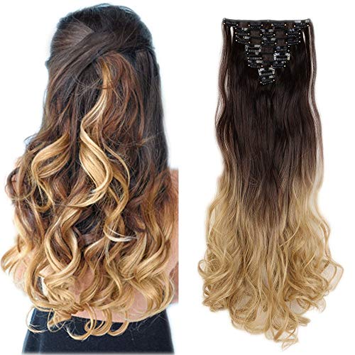 24"(60cm) Extensiones de Cabello Natural Clip Rizadas Pelo Sintético 8 Piezas 18 Clips Pelo Largo Postizos Pelucas para Mujer（140g,Castaño Dorado a Rubio Ceniza)
