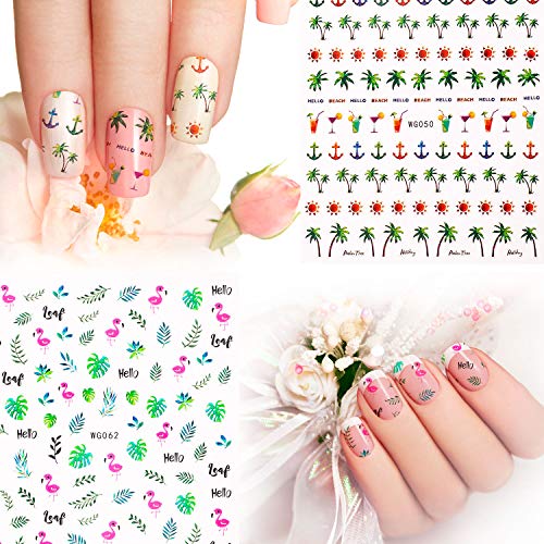 2500 Piezas de Pegatinas de Uñas del Arte de Verano Pegatinas de Uñas de Hawaii con Calcomanías 3D Decoración de Uñas con Bricolaje Flamengo Cactus Fruta Océano Hoja para Mujeres, 20 Hojas