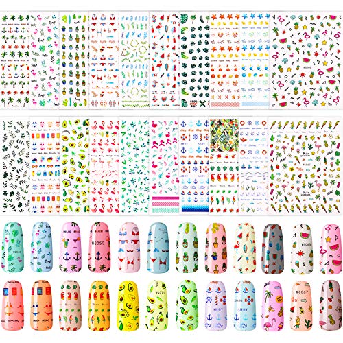 2500 Piezas de Pegatinas de Uñas del Arte de Verano Pegatinas de Uñas de Hawaii con Calcomanías 3D Decoración de Uñas con Bricolaje Flamengo Cactus Fruta Océano Hoja para Mujeres, 20 Hojas