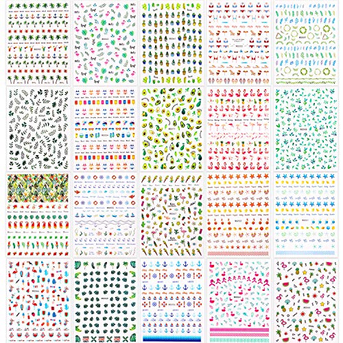 2500 Piezas de Pegatinas de Uñas del Arte de Verano Pegatinas de Uñas de Hawaii con Calcomanías 3D Decoración de Uñas con Bricolaje Flamengo Cactus Fruta Océano Hoja para Mujeres, 20 Hojas