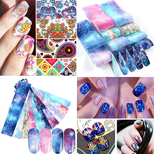 2x10ML Nail Art Foil Glue Gel para adhesivos de aluminio con 10 piezas Starry Sky Star Foil Stickers Decal Set holográfico Consejos de transferencia de uñas Manicure Art DIY Kit A
