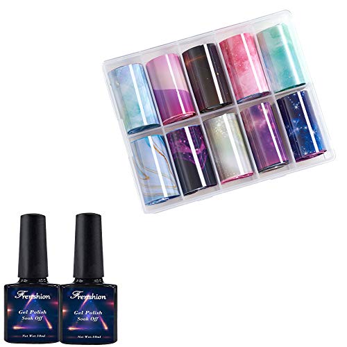 2x10ML Nail Art Foil Glue Gel para adhesivos de aluminio con 10 piezas Starry Sky Star Foil Stickers Decal Set holográfico Consejos de transferencia de uñas Manicure Art DIY Kit A