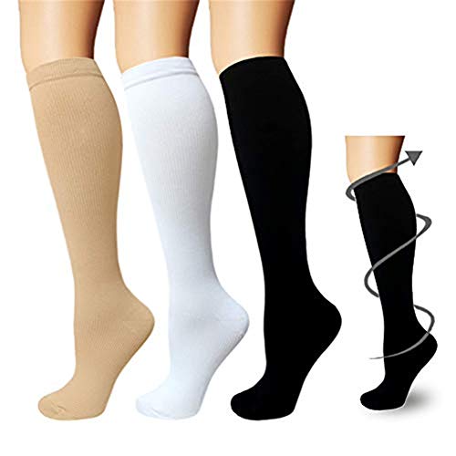 3 Pares Rodilla Alta Calcetines Medias de Compresión para Hombres y Mujeres Ejercicio Correr Enfermeras médico Embarazo Maternidad Viajes Vuelo Aumenta la Resistencia Reduce la Fatiga