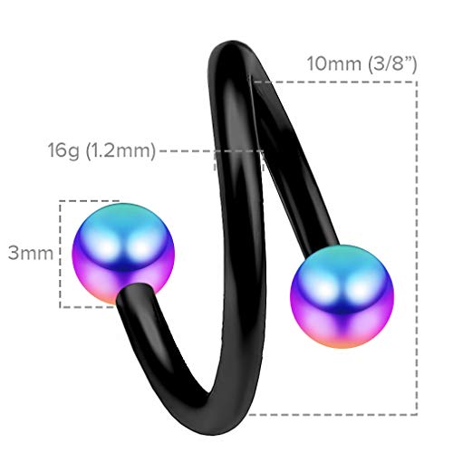 3 Piezas 1.2mm 16g Acero Quirúrgico 316L Piercing Anillos helicoidales en Espiral Cartílago, Labios 10mm 8mm