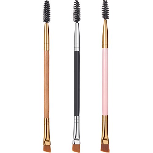 3 Piezas de Cepillo de Cejas Ceja Spoolie Doble Mango Angular y Peine de Ceja para Aplicación de Polvo Ceras Geles y Mezclas de Cejas (Rosa, Negro y Color de Madera)