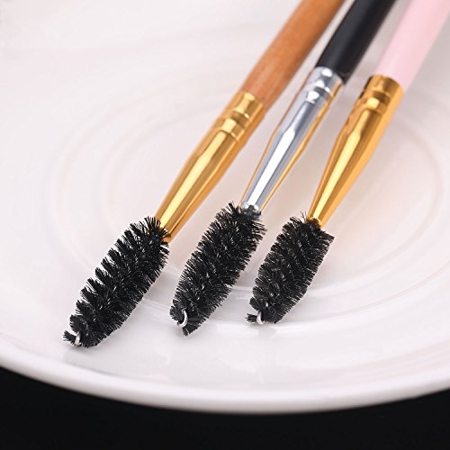 3 Piezas de Cepillo de Cejas Ceja Spoolie Doble Mango Angular y Peine de Ceja para Aplicación de Polvo Ceras Geles y Mezclas de Cejas (Rosa, Negro y Color de Madera)