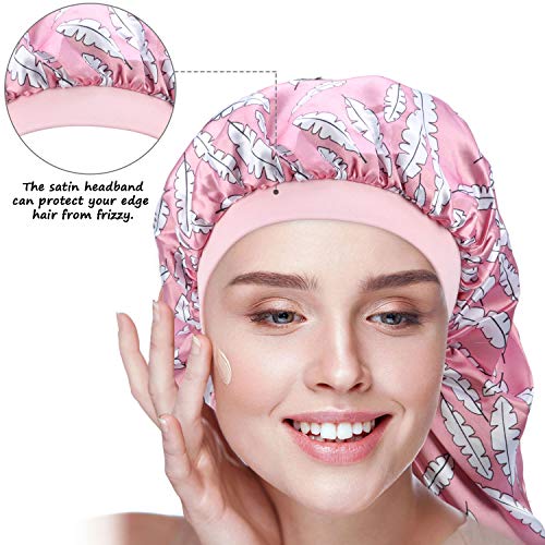3 Piezas Gorro de Dormir de Satén para Pelo Largo, Gorra de Satén de Seda Larga con Banda Elástica Suave para Mujeres con Dreadlocks Cabello Rizado (Patrón de Hoja Rosa)