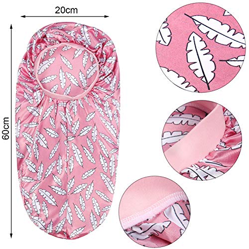 3 Piezas Gorro de Dormir de Satén para Pelo Largo, Gorra de Satén de Seda Larga con Banda Elástica Suave para Mujeres con Dreadlocks Cabello Rizado (Patrón de Hoja Rosa)