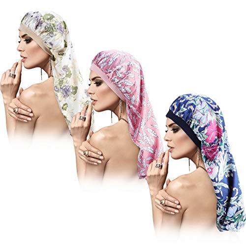 3 Piezas Gorro de Dormir de Satén para Pelo Largo, Gorra de Satén de Seda Larga con Banda Elástica Suave para Mujeres con Dreadlocks Cabello Rizado (Patrón de Hoja Rosa)