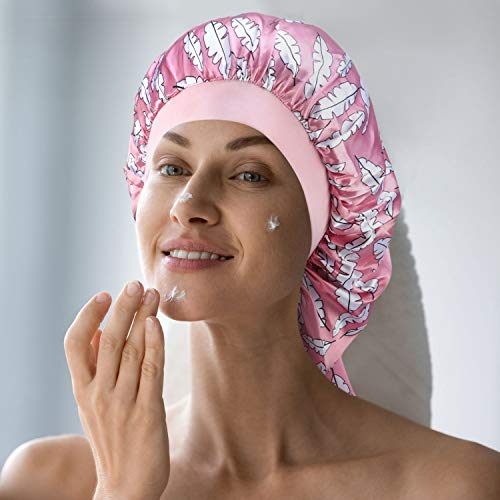 3 Piezas Gorro de Dormir de Satén para Pelo Largo, Gorra de Satén de Seda Larga con Banda Elástica Suave para Mujeres con Dreadlocks Cabello Rizado (Patrón de Hoja Rosa)