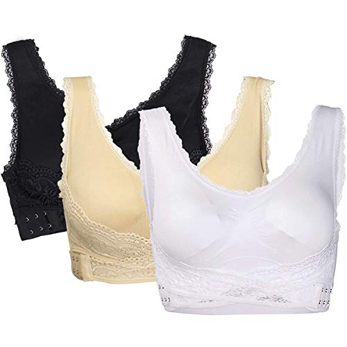 3 Piezas Sujetador Deportivo para Mujeres Sin Costuras Yoga Racerback Top con Almohadillas Extraíbles Ultimate Corriendo Gimnasio Ropa (2XL: 42/44, Encaje(Blanco+Desnudo+Negro))