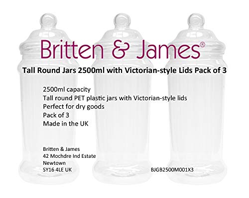 3 Tall y Slim cocina pasta botes de almacenamiento con tapas superiores Victorian tornillo por Britten & James®. Cristal transparente de plástico alimentos – seguro, higiénico y atractivo.