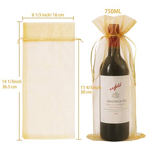 30 bolsas de vino organza, 30 unidades de 14 1/3 x 6 1/3 pulgadas botella de vino bolsa de regalo con cordón para bodas, cumpleaños, fiestas, regalos, decoración (dorado, 750 ml)