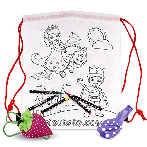 30 Mochilas para Colorear + 1 Bolsa Reutilizable | 30 Bolsas Individuales con 5 Ceras de Colores y Globo | Regalo niños Fiestas y cumpleaños