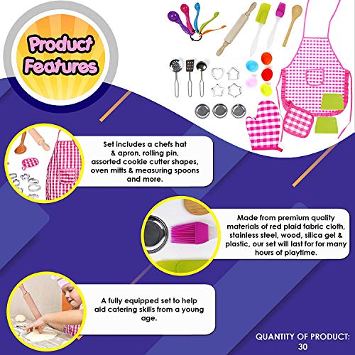 30 Piezas Juego de Cocina para Niñas, Juego Chef Cocinero| Materiales de Primera Calidad| Gorro Delantal Rodillo Cortador de Galletas Guantes Horno Utensilios etc| Regalo Cumpleaños Navidad Ideal.