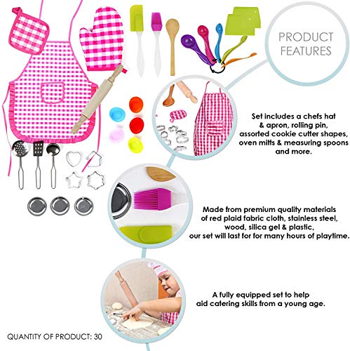 30 Piezas Juego de Cocina para Niñas, Juego Chef Cocinero| Materiales de Primera Calidad| Gorro Delantal Rodillo Cortador de Galletas Guantes Horno Utensilios etc| Regalo Cumpleaños Navidad Ideal.