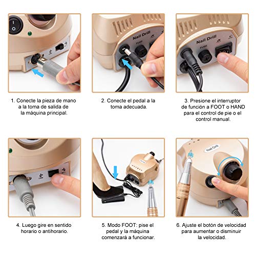 30000 RPM Torno para Uñas llenado eléctrico Reducción Manicura Taladro eléctrico Archivo de uñas Herramientas de pulido 6 Consejos de fresado y 300 Bandas de lijado