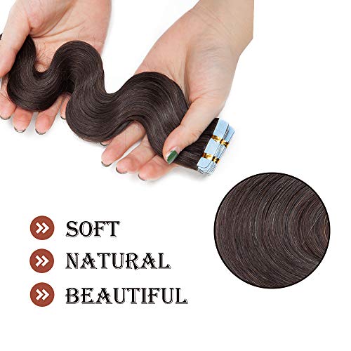 30cm（2g*20pcs） Silk-co Extensiones Adhesivas de Cabello Humano Sin Clip #Marrón Oscuro Pelo Natural Ondulado Tape in Hair Extension 100% Remy Natural
