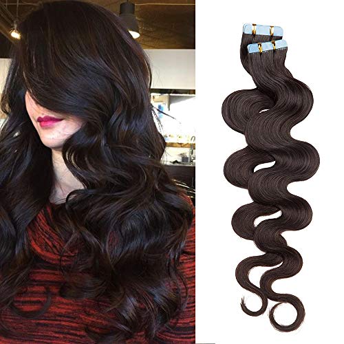 30cm（2g*20pcs） Silk-co Extensiones Adhesivas de Cabello Humano Sin Clip #Marrón Oscuro Pelo Natural Ondulado Tape in Hair Extension 100% Remy Natural