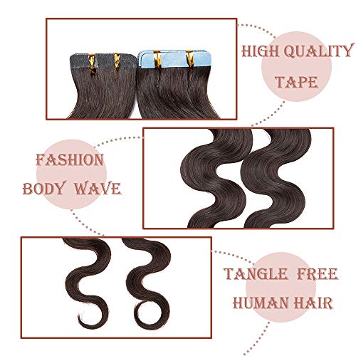 30cm（2g*20pcs） Silk-co Extensiones Adhesivas de Cabello Humano Sin Clip #Marrón Oscuro Pelo Natural Ondulado Tape in Hair Extension 100% Remy Natural