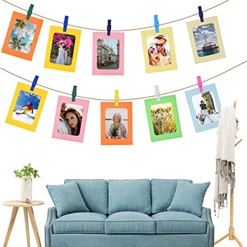 30Pcs Colorido Marcos de Fotos de Papel Kraft con 30Pcs Clips de Madera y 3 Pcs Cordel, 6x4 Inch Marcos de Fotos de Cartón, Marco de Imágenes de Papel para Hogar Colegio Oficina Pared Decoración