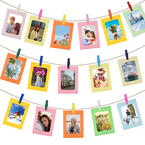30Pcs Colorido Marcos de Fotos de Papel Kraft con 30Pcs Clips de Madera y 3 Pcs Cordel, 6x4 Inch Marcos de Fotos de Cartón, Marco de Imágenes de Papel para Hogar Colegio Oficina Pared Decoración
