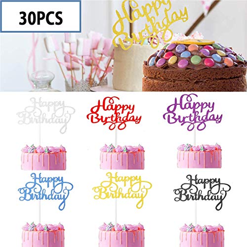 30Piezas Feliz cumpleaños, Torta, Topper Papel Dorado Cupcake Topper de Pastel versátil y Duradero Suministros de Fiesta de cumpleaños Decoraciones- 6 Colores