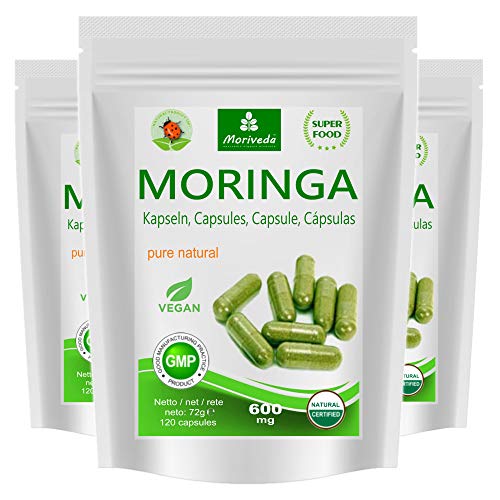 360 Moringa cápsulas 600mg o Moringa Energia Tabs 950mg - Oleifera, vegetariano, Producto de calidad de MoriVeda (3x120 cápsulas)