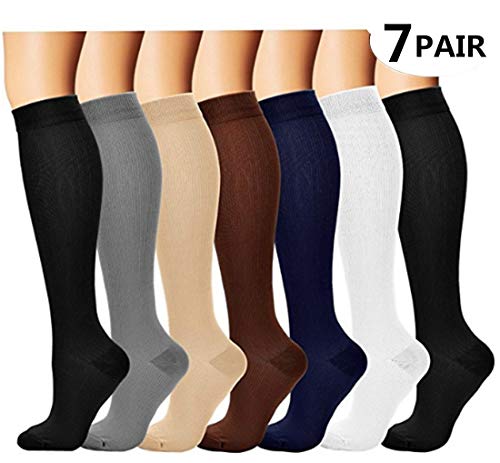 3/7 Pares Rodilla Alta Calcetines de compresión graduada para Mujeres y Hombres (7 pairs（Assort 2）, L/XL)