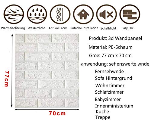 3D Wandpaneele - Paneles autoadhesivos (PVC, 77 cm x 70 cm), diseño de piedra, color blanco