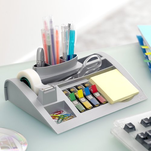 3M Post-it C50 - Organizador de escritorio – Incluye 1 bloc de notas, 4 x 35 Marcadores Index y 1 cinta adhesiva Scotch Magic – Dispensador de notas – Portalápices – color plateado
