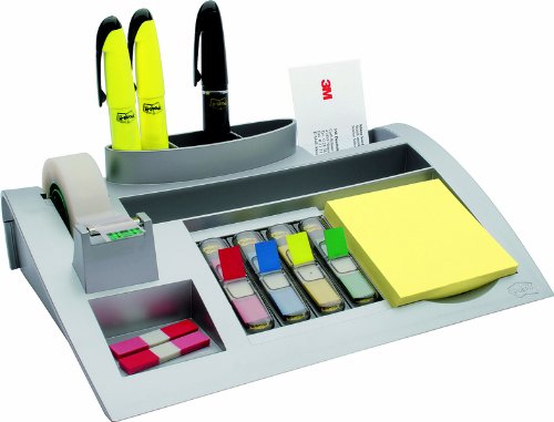 3M Post-it C50 - Organizador de escritorio – Incluye 1 bloc de notas, 4 x 35 Marcadores Index y 1 cinta adhesiva Scotch Magic – Dispensador de notas – Portalápices – color plateado