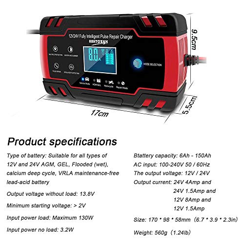 3T6B Cargador de Batería para Coche, 12V/24V 8A Mantenimiento Automático Múltiples Inteligente, Pantalla LED y Botón de la Pantalla Táctil, para Automóviles, Motos, ATVs, RVs, Barco