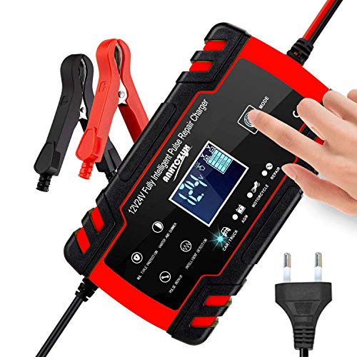 3T6B Cargador de Batería para Coche, 12V/24V 8A Mantenimiento Automático Múltiples Inteligente, Pantalla LED y Botón de la Pantalla Táctil, para Automóviles, Motos, ATVs, RVs, Barco