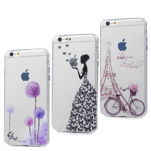 3x Funda iPhone 6, 6s Carcasa Silicona Gel Case Ultra Delgado TPU Goma Flexible Cover para iPhone 6/6s - Chica + Bici + Diente De León