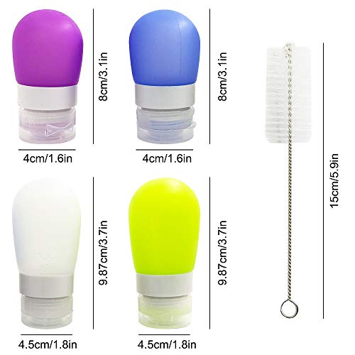 4 botellas de aderezo para ensalada, FineGood 1.3 oz y 2 oz Recipientes de salsa portátiles, a prueba de fugas, para almacenamiento de alimentos, viene con 2 cepillos de limpieza, 4 colores