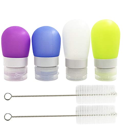 4 botellas de aderezo para ensalada, FineGood 1.3 oz y 2 oz Recipientes de salsa portátiles, a prueba de fugas, para almacenamiento de alimentos, viene con 2 cepillos de limpieza, 4 colores