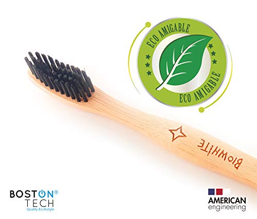 4 Cepillos Bio White dentales blanquadores de Bambu puro Medium, Biodegradable. Recomendados por Dentistas de todo el mundo. Cerdas Negras de Carbon de Bambu con efecto blanqueador libres de BPA