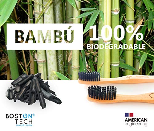 4 Cepillos Bio White dentales blanquadores de Bambu puro Medium, Biodegradable. Recomendados por Dentistas de todo el mundo. Cerdas Negras de Carbon de Bambu con efecto blanqueador libres de BPA