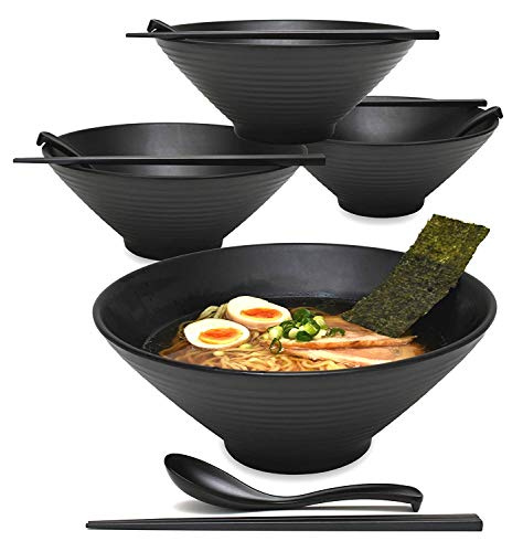 4 juegos (12 piezas) de 57 Onzas de Tazones Grandes para Sopa de Fideos de Ramen Japonés Cuencos de Melamina de Plástico Duro (4, Negro, 9 Pulgadas)