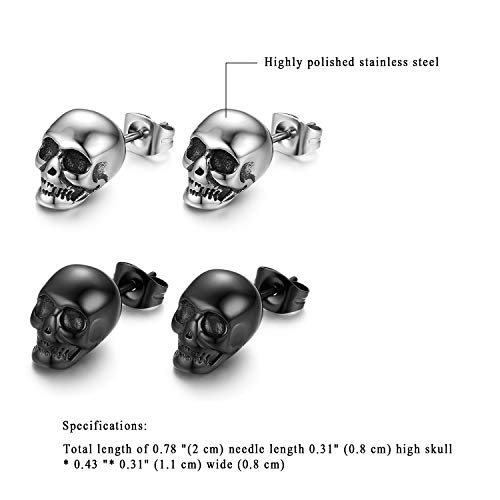 4 Pcs Pendientes Calavera Aretes Acero Punk Aretes Hombre Mujer Regalo Dia de Padre San Valentin Hipoalergénico Joyería de Moda