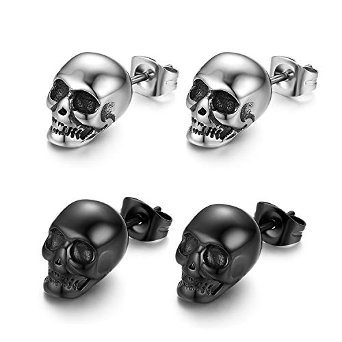 4 Pcs Pendientes Calavera Aretes Acero Punk Aretes Hombre Mujer Regalo Dia de Padre San Valentin Hipoalergénico Joyería de Moda