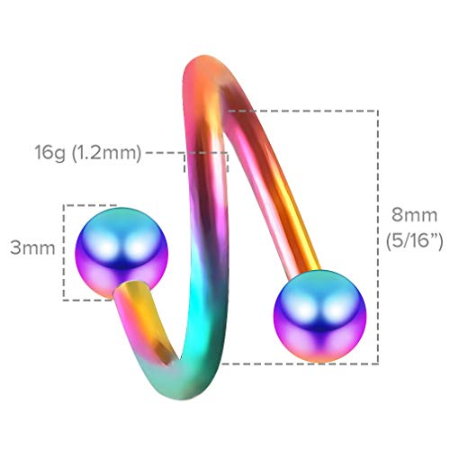 4 Piezas 1.2mm 16g Acero Quirúrgico 316L Piercing Anillos helicoidales en Espiral Cartílago, Labios 8mm 8mm