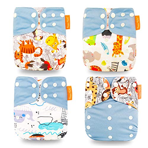 4 Piezas Baby Pocket Pañal Juego de Pañales de Tela Todo En Uno Cómodo Transpirable Reutilizable Pañales Lavables Insertos para Bebés y Niños Pequeños (Azul + Mono + Gato + Burro)