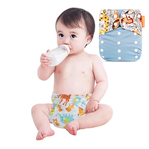 4 Piezas Baby Pocket Pañal Juego de Pañales de Tela Todo En Uno Cómodo Transpirable Reutilizable Pañales Lavables Insertos para Bebés y Niños Pequeños (Azul + Mono + Gato + Burro)