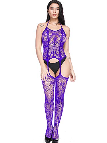 4 Piezas Lencería de Encaje de Mujeres Lencería Media de Malla Floral Ropa de Noche para Vestido de Cita Romántica (Negro, Azul, Rojo, Morado)