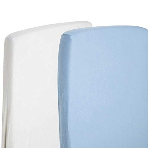 4 x sábana bajera ajustable Compatible con Chicco Next 2 Me 100% algodón – blanco/azul